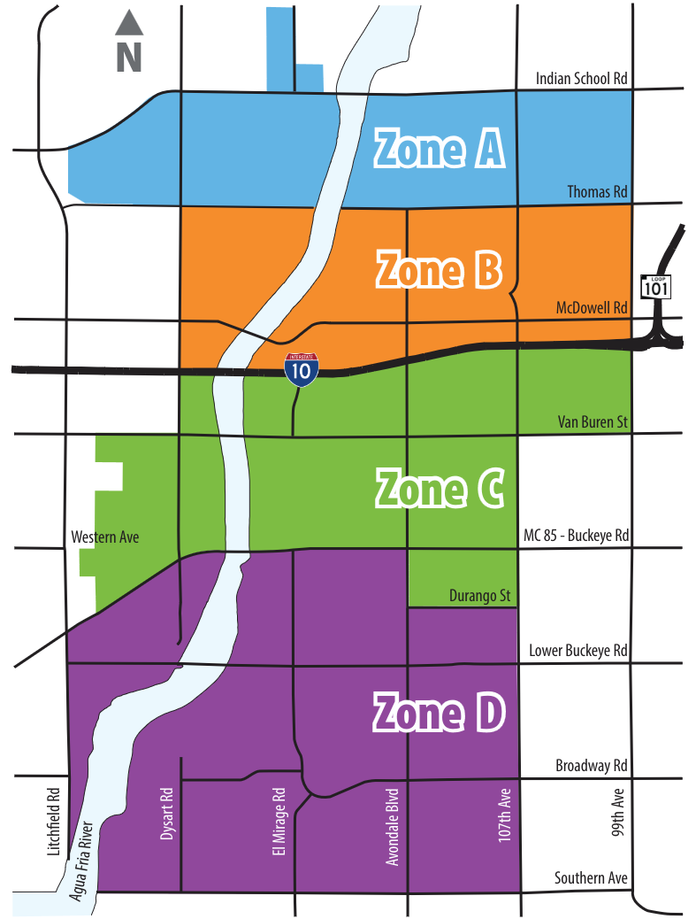 City of Avondale solid waste zone map showing Zones A, B, C, and D